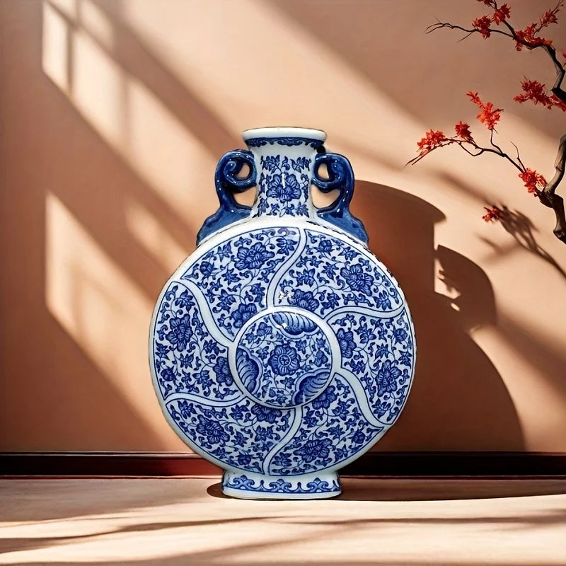 Handcrafted Porcelain Vase with Blue & White Floral Traditional Chinese Home Decor, Antique Style Double-Ear Moon Bottle
