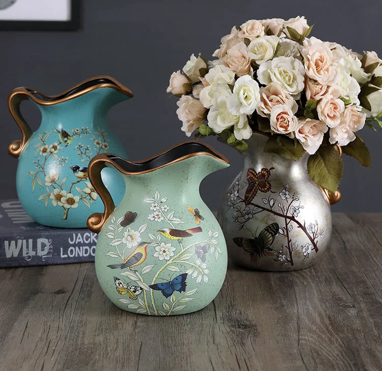European Ceramic Vase Hand Painted Little Bird Peony Living Room Dried Flowers Organizer Home Desktop Small Teapot Flower Vases