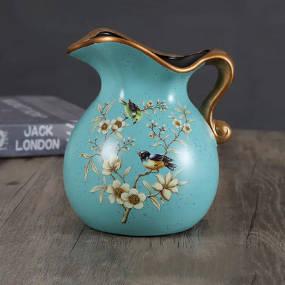 European Ceramic Vase Hand Painted Little Bird Peony Living Room Dried Flowers Organizer Home Desktop Small Teapot Flower Vases