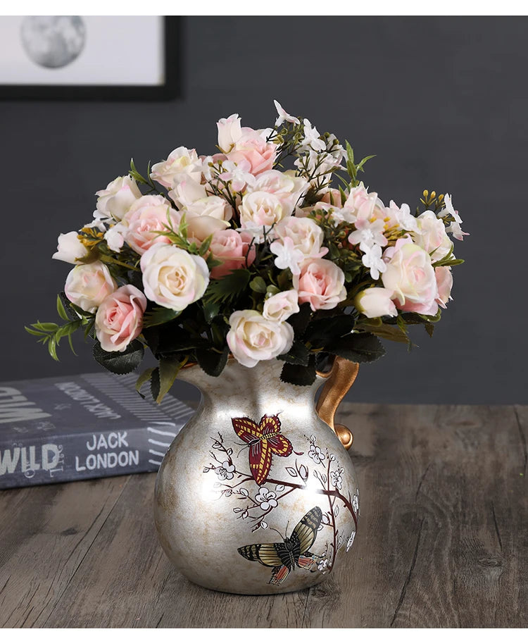 European Ceramic Vase Hand Painted Little Bird Peony Living Room Dried Flowers Organizer Home Desktop Small Teapot Flower Vases