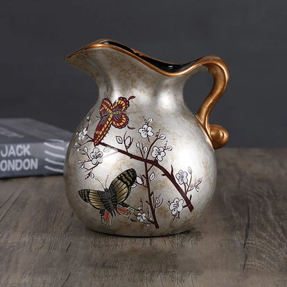 European Ceramic Vase Hand Painted Little Bird Peony Living Room Dried Flowers Organizer Home Desktop Small Teapot Flower Vases