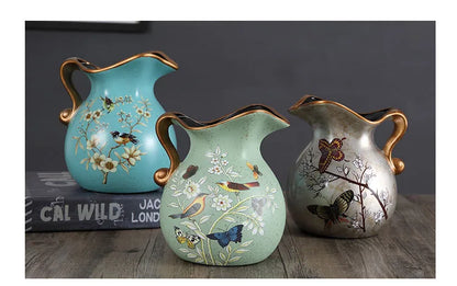 European Ceramic Vase Hand Painted Little Bird Peony Living Room Dried Flowers Organizer Home Desktop Small Teapot Flower Vases