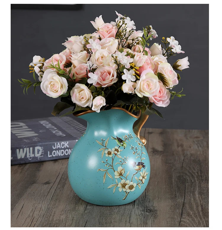 European Ceramic Vase Hand Painted Little Bird Peony Living Room Dried Flowers Organizer Home Desktop Small Teapot Flower Vases