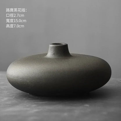Japanese Style Black Terracotta Vase Imitation Stone Abstract Flower Arranger Table Top Vintage Ornament Living Room Flower Vase