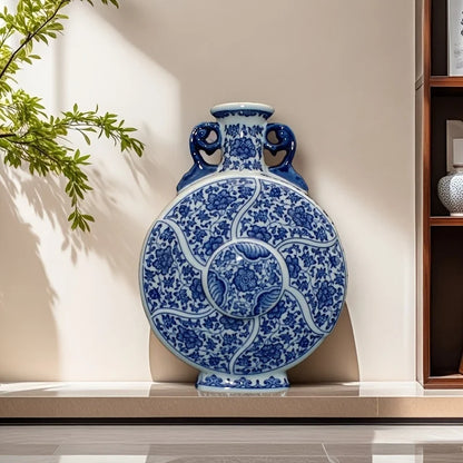 Handcrafted Porcelain Vase with Blue & White Floral Traditional Chinese Home Decor, Antique Style Double-Ear Moon Bottle