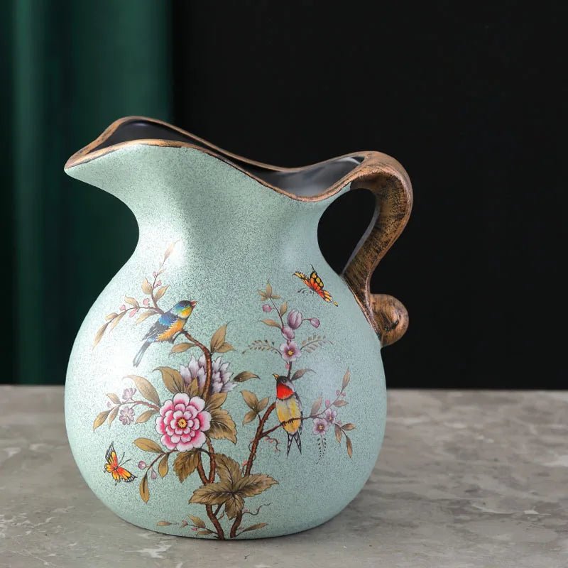 European Ceramic Vase Hand Painted Little Bird Peony Living Room Dried Flowers Organizer Home Desktop Small Teapot Flower Vases