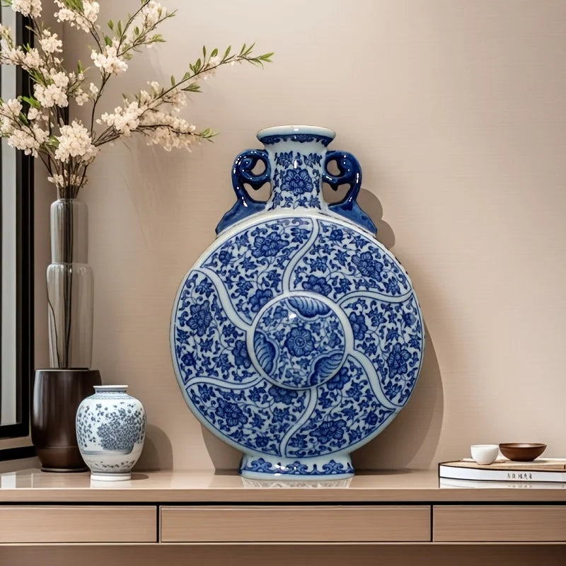 Handcrafted Porcelain Vase with Blue & White Floral Traditional Chinese Home Decor, Antique Style Double-Ear Moon Bottle