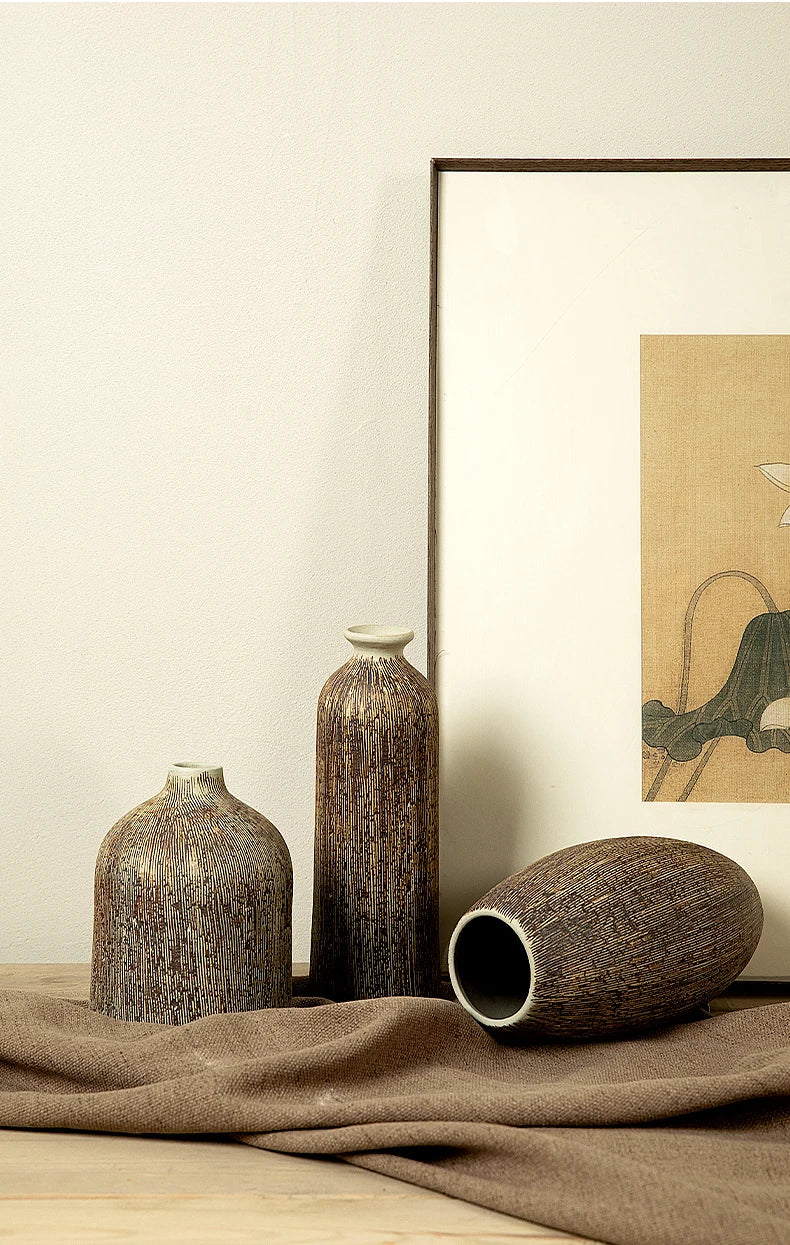 Chinese Vase Round Ceramic Pottery Flower pot Home Living Room Decoration Accessories Indoor Office Desktop Decoration Gift