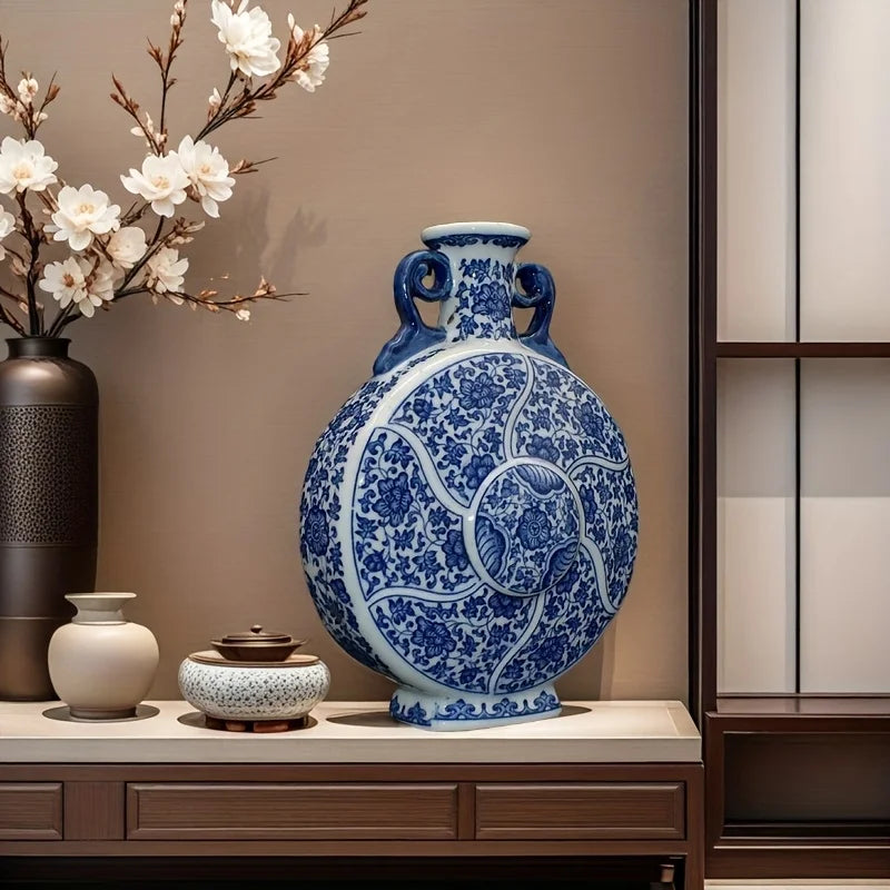 Handcrafted Porcelain Vase with Blue & White Floral Traditional Chinese Home Decor, Antique Style Double-Ear Moon Bottle