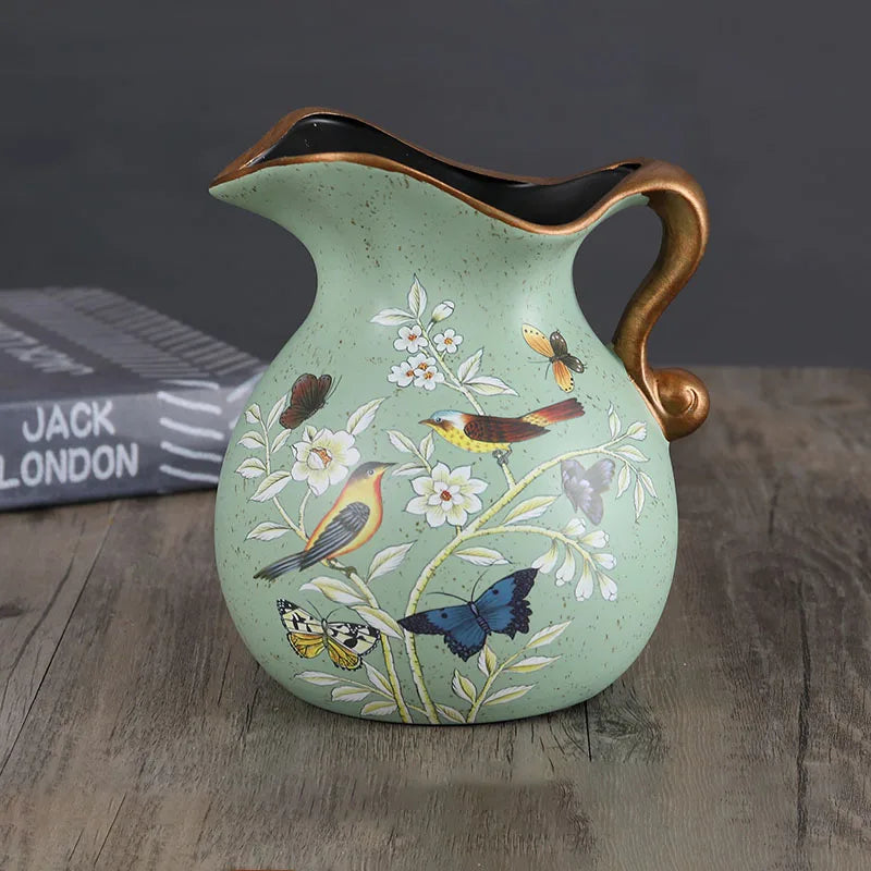 European Ceramic Vase Hand Painted Little Bird Peony Living Room Dried Flowers Organizer Home Desktop Small Teapot Flower Vases