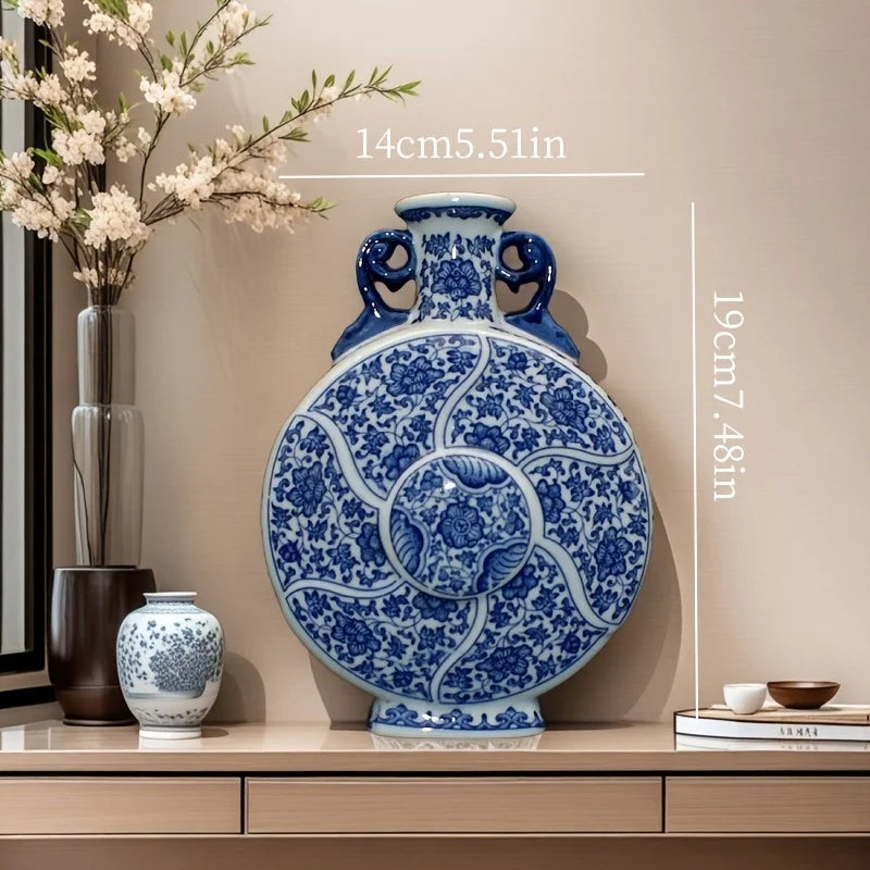 Handcrafted Porcelain Vase with Blue & White Floral Traditional Chinese Home Decor, Antique Style Double-Ear Moon Bottle