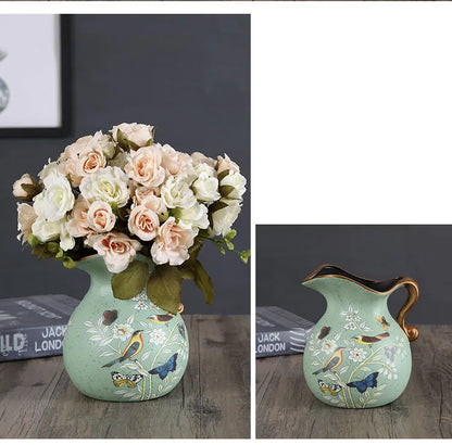 European Ceramic Vase Hand Painted Little Bird Peony Living Room Dried Flowers Organizer Home Desktop Small Teapot Flower Vases