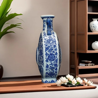 Handcrafted Porcelain Vase with Blue & White Floral Traditional Chinese Home Decor, Antique Style Double-Ear Moon Bottle