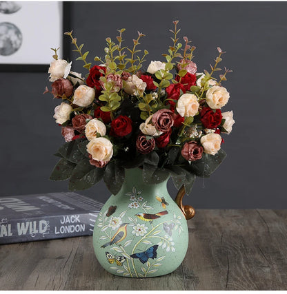 European Ceramic Vase Hand Painted Little Bird Peony Living Room Dried Flowers Organizer Home Desktop Small Teapot Flower Vases